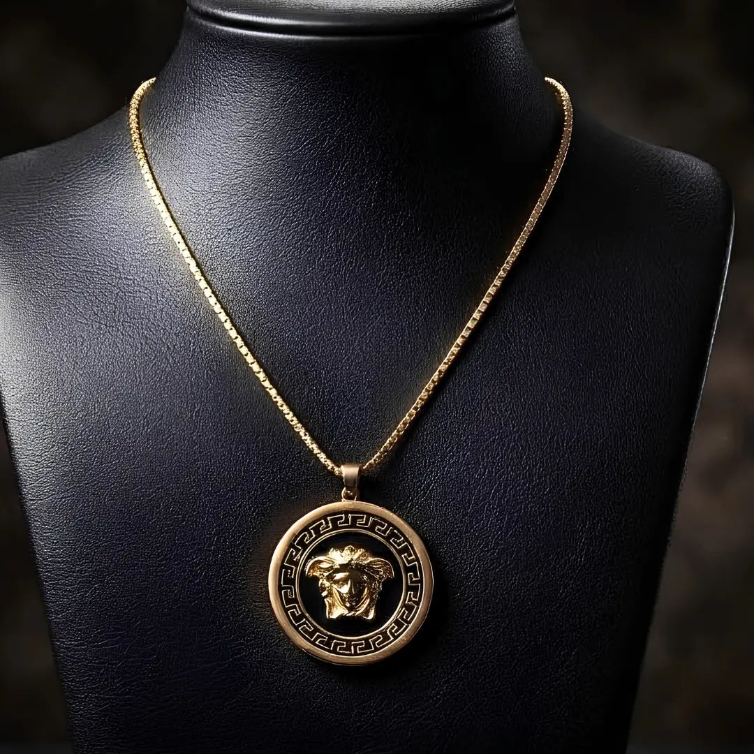 14K Gold Tone Greek Key Medallion Pendant Necklace – 28mm x 28mm Contrasting Round Pendant with 66cm x 3mm Chain for Men